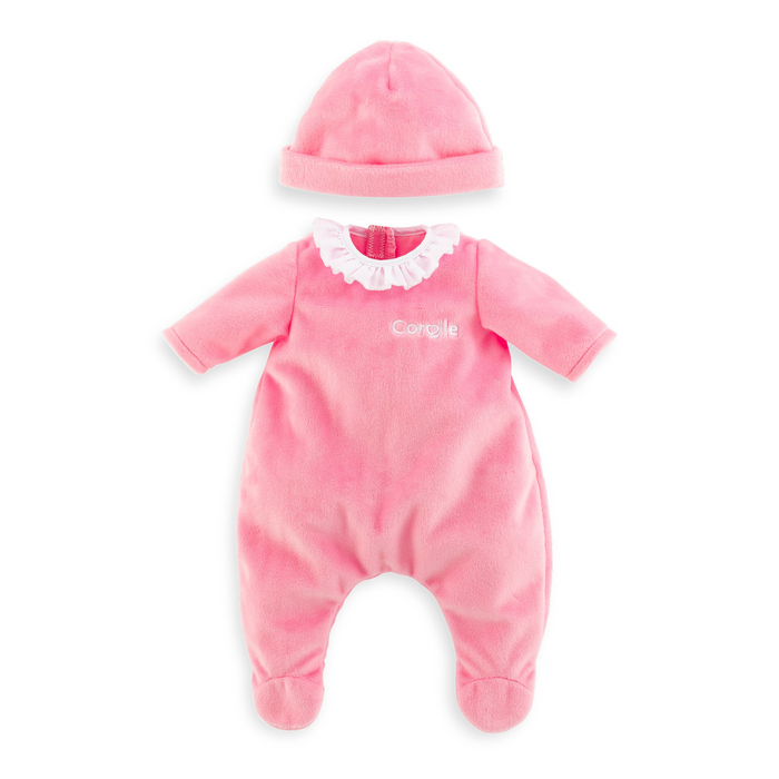 Keep her 12" doll snug and stylish with this cozy pink pajama set and matching cap, designed by Corolle Dolls.