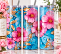 20oz Pink Floral Blue Marble Skinny Tumbler with Straw, Gold Flower Gift Cup