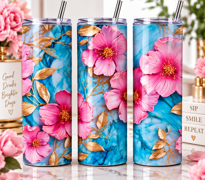 20oz Pink Floral Blue Marble Skinny Tumbler with Straw, Gold Flower Gift Cup