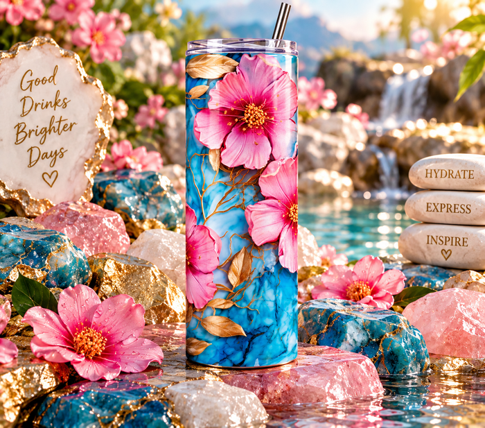 20oz Pink Floral Blue Marble Skinny Tumbler with Straw, Gold Flower Gift Cup