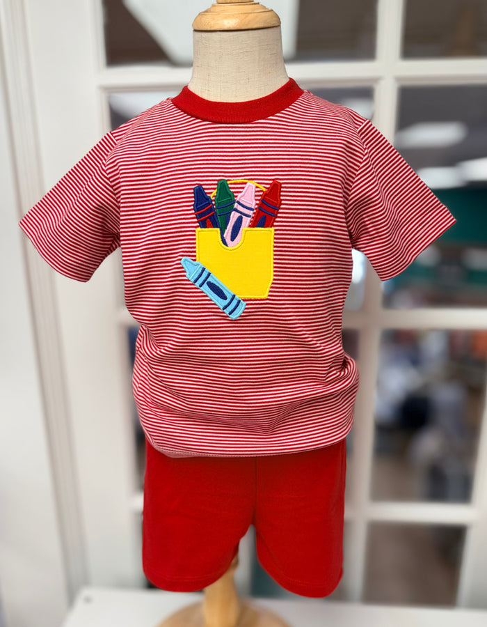 Let your little one shine on the first day of school in the Crayon Box Boys Short Set by Cape Point Clothing Co.! The vibrant red striped tee with a playful crayon box appliqué sparks creativity, while soft, red, comfy shorts keep him ready for every adventure. Ready to inspire confidence and fun all day long!