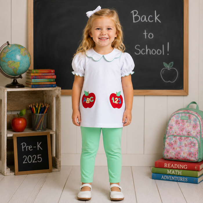 Spark joy in your toddler’s wardrobe with the ABC Pockets Leggings Set by Zuccini Kids! The light blue striped tunic, detailed with charming ABC and 123 pockets and a classic Peter Pan collar, pairs perfectly with cozy leggings—making every first day of school or playtime unforgettable and full of smiles!