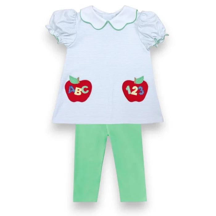 Spark joy in your toddler’s wardrobe with the ABC Pockets Leggings Set by Zuccini Kids! The light blue striped tunic, detailed with charming ABC and 123 pockets and a classic Peter Pan collar, pairs perfectly with cozy leggings—making every first day of school or playtime unforgettable and full of smiles!