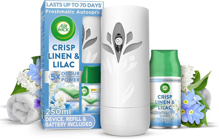 Air Wick Automatic Air Freshener Freshmatic Spray Kit (Crisp Linen & Lilac) 1 Gadget & 250ml Refill