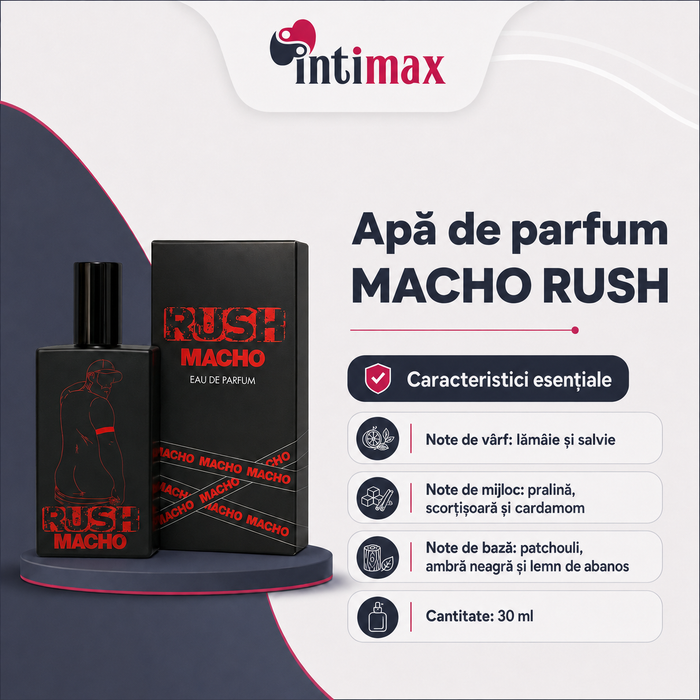 Apă de parfum MACHO RUSH, pentru bărbați, cu note de lămâie, salvie și ambră neagră, 30 ml