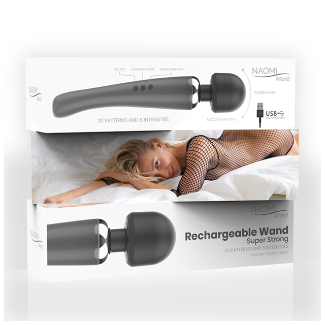 Aparat de masaj NAOMI WAND Super Strong, tip Hitachi, pentru corp si zone intime, 20 functii de vibratie, negru