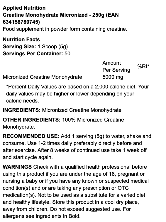Applied Nutrition Creatine Monohydrate Micronized 500g