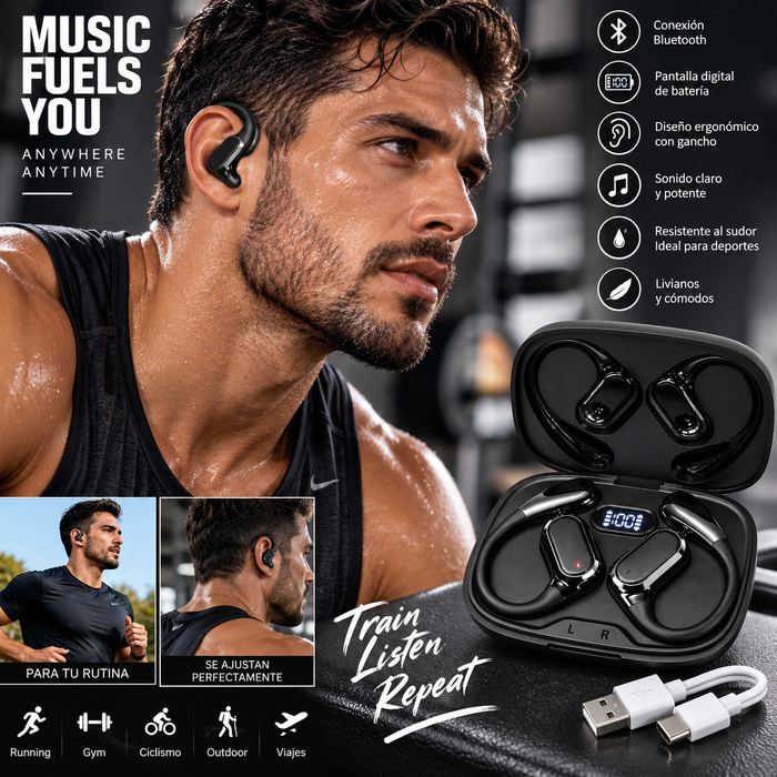 Audífonos Bluetooth Inalámbricos Deportivos con Gancho y Estuche de Carga