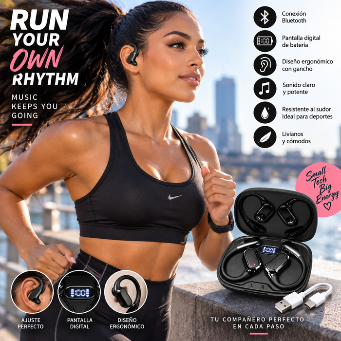 Audífonos Bluetooth Inalámbricos Deportivos con Gancho y Estuche de Carga