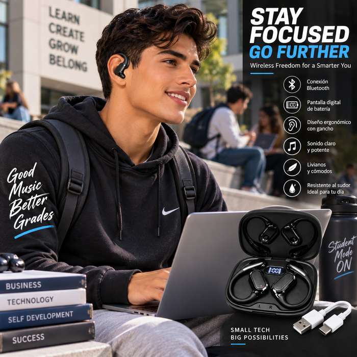 Audífonos Bluetooth Inalámbricos Deportivos con Gancho y Estuche de Carga
