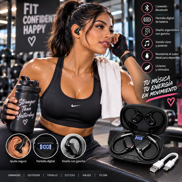 Audífonos Bluetooth Inalámbricos Deportivos con Gancho y Estuche de Carga