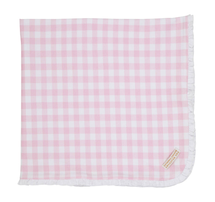 The Beaufort Bonnet Company’s Baby Buggy Blanket in Palm Beach Pink Gingham wraps your little one in soft, charming warmth. Its delicate pink gingham print and white ruffled trim create a sweet, timeless look—ideal for welcoming a newborn baby girl with comfort and style.