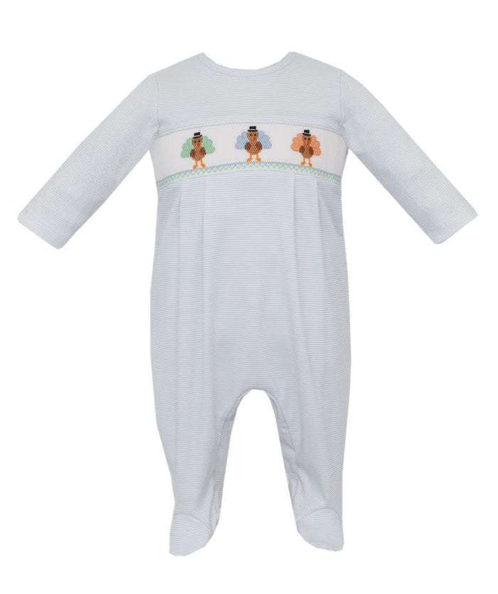 Petit Bebe’s Blue Knit Striped Turkey Smocked Long Romper brings warmth and charm to every Thanksgiving moment. Crafted with cozy knit fabric and delicate turkey smocking, it wraps your little one in comfort and festive spirit, whether with footies for infants or an easy fit for older babies!

Footie - 3m, 6m

Footless Romper - 9m, 12m, 18m, 24m