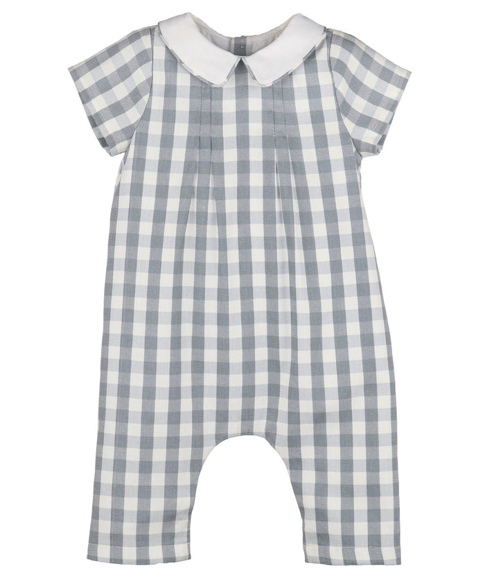 Dress your little one in timeless charm with the Blue Willow Check Boy Longall by Sophie and Lucas. Its soft blue and white checks, paired with a crisp white Peter Pan collar, create an enchanting look ideal for special moments and memorable portraits. Perfect for cherishing those early days!