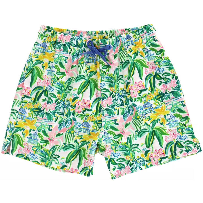 Make a splash this season with the Boys Board Short in Pagoda Gardens from Bailey Boys. Featuring a fun and vibrant Pagoda Garden print, these shorts bring playful style to any summer wardrobe. The poly-blend stretch lining ensures comfort and freedom of movement, while practical side and back pockets keep essentials within reach. Perfect for beach days, pool parties, or casual adventures.