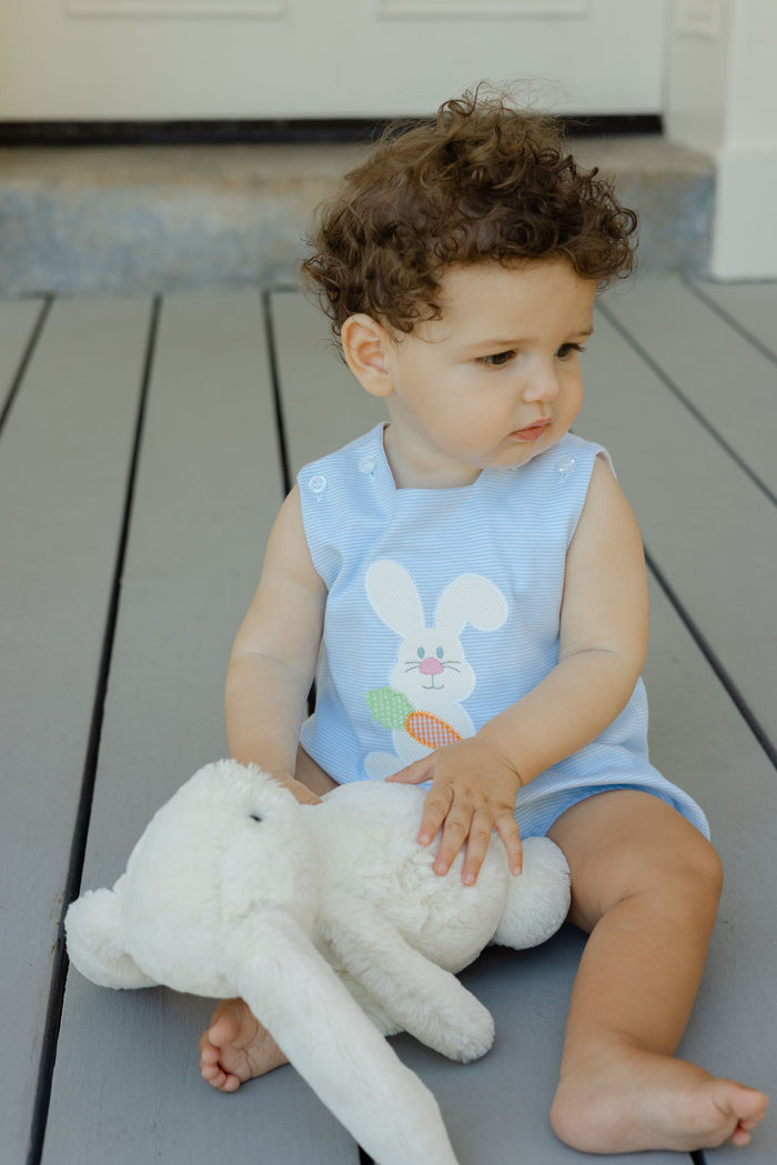 Little Hare Knit Infant Bubble From The Bailey Boys. Features a knit mini stripe blue &amp; white bubble with bunny appliqué. Perfect everyday look to celebrate the Easter season.&nbsp;