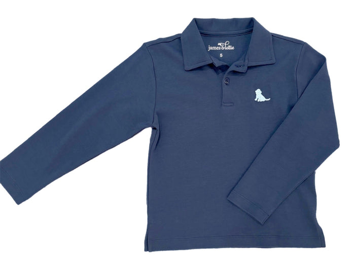 The Boys Patton Long Sleeve Polo in Navy Blue by James &amp; Lottie offers timeless style with soft cotton comfort. Featuring a charming puppy logo, this classic polo is perfect for fall and winter events where he needs to look sharp and feel cozy. Durable and easy to wear, it’s an ideal wardrobe staple that combines sophistication with everyday practicality.