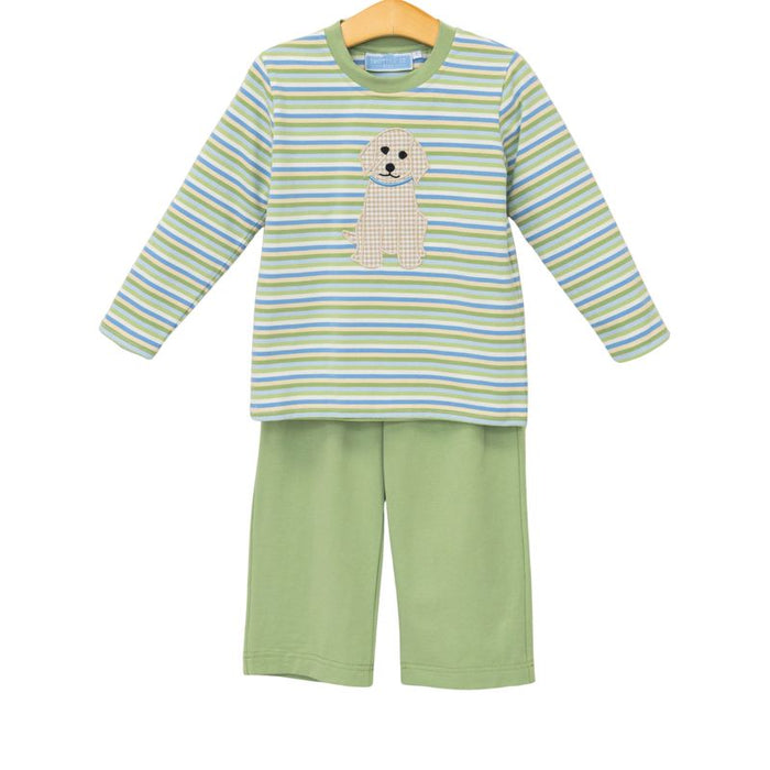 Ignite joyful playtime with the Boys Puppy Pant Set by Trotter Street Kids! The vibrant striped top, featuring an adorable puppy appliqué, pairs perfectly with soft green pants to keep your toddler comfortable and stylish all day long!