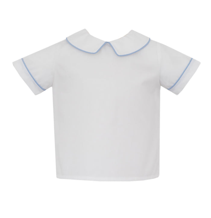 Experience timeless style with our Boy's Woven Shirt with Blue Piping by Petit Bebe. This white knit shirt features a classic Peter Pan collar trimmed with elegant blue piping, adding a touch of sophistication to any outfit. Perfect for any occasion, this shirt will keep your little one looking stylish and polished!