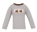 The Brown Striped Knit Turkey Smocked Tee by Anavini combines cozy comfort with charming detail. Its soft knit fabric and delicate turkey smocking create a festive look that embraces the warmth of Thanksgiving, making every moment with your toddler unforgettable!