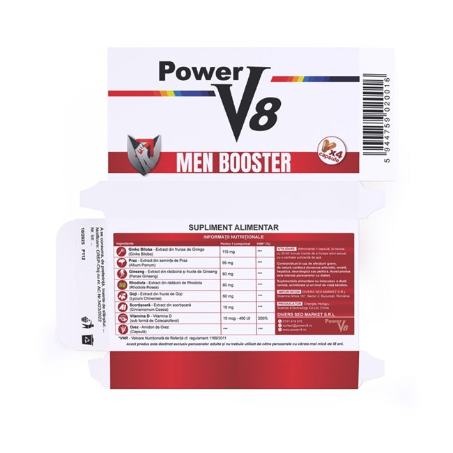 Capsule Power V8, pentru potenta, erectii puternice, intarziere ejaculare si stimularea libidoului barbatilor, 4 capsule