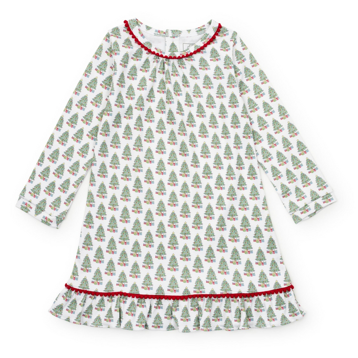 Dress your little one in cozy holiday charm with the Carlin Girls' Lounge Dress from Lila &amp; Hayes. Crafted from soft pima cotton, this long-sleeve dress features a delicate flutter ruffle hem and playful pom pom trim that add festive flair. The whimsical Christmas tree print captures the magic of the season, while the button closure at the back ensures easy dressing. Perfect for lounging or holiday gatherings, this dress combines comfort with joyful style for memorable celebrations.
