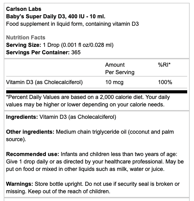 Carlson Labs Baby's Super Daily D3, 400 IU 10 ml