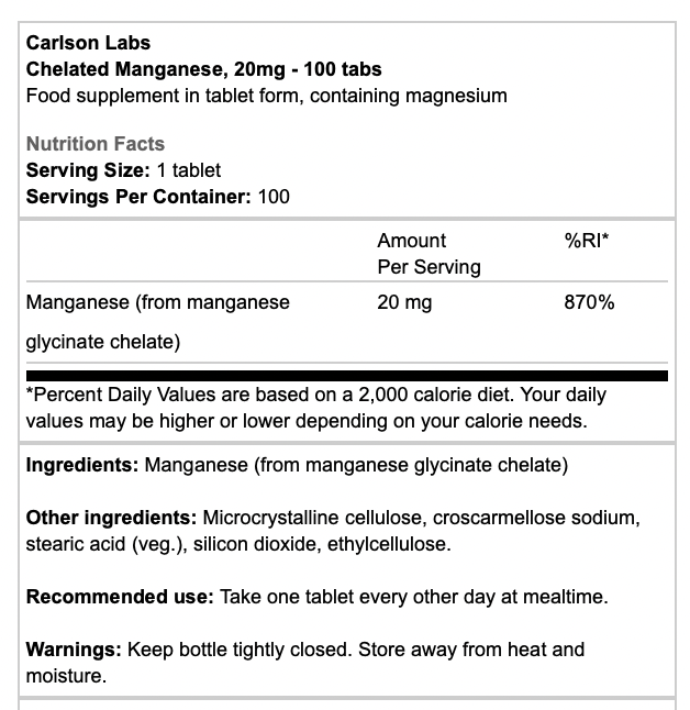 Carlson Labs Chelated Manganese 20mg 100 Tabs