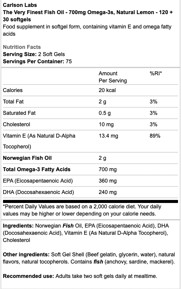 Carlson Labs The Very Finest Fish Oil 700mg Omega-3s 120 + 30 Softgels