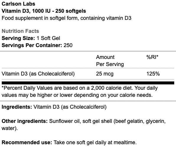 Carlson Labs Vitamin D3 1000 IU 250 Softgels