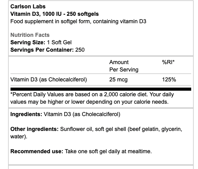 Carlson Labs Vitamin D3 2000 IU 360 Softgels