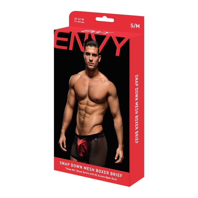 Chilot sexy Envy - Snap Down Mesh Boxer Brief, negru/roșu, S/M