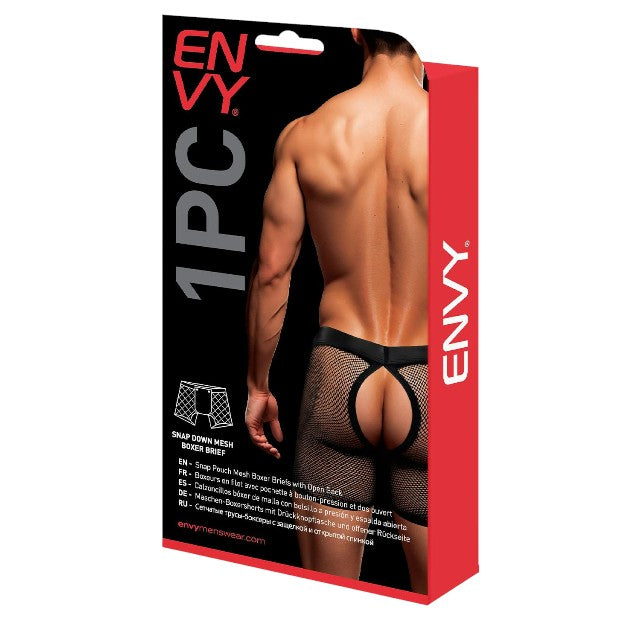 Chilot sexy Envy - Snap Down Mesh Boxer Brief, negru/roșu, S/M