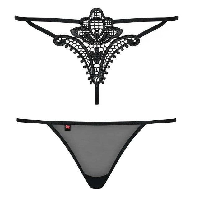 Chilot tanga sexy OBSESSIVE Luiza, model cu plasă și design floral din dantelă, material elastic, mărime S/M, negru