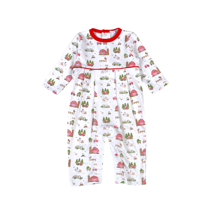 Celebrate the season with the Christmas Barnyard Pima Romper by Baby Loren. Crafted for comfort and charm, its festive barnyard design and red piping make it perfect for little ones in farming families who cherish holiday traditions. Wrap your baby in warmth and joy this Christmas!