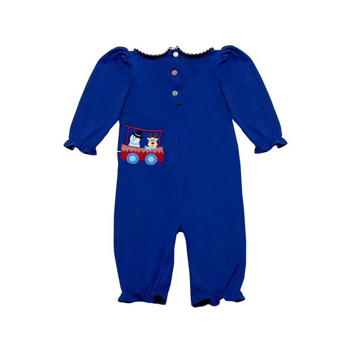 Introduce your little one to the magic of the holiday season with our Christmas Train Louisa Bubble from Zuccini Kids. Featuring a festive Christmas Train applique, a classic peter pan collar, and a cheerful vibrant blue color, this bubble is perfect for toddlers and brings joy to any occasion.&nbsp;