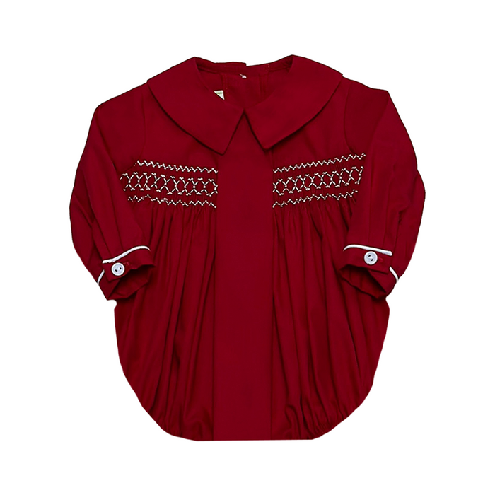 Get your little one ready for the holiday season with our Classic Kent Red Bubble from Zuccini Kids. Made from soft and comfortable Broadcloth, this bubble features a timeless classic collar and charming smocking detail. Perfect for any festive occasion, your baby boy will look adorable and festive in this classic Christmas attire.