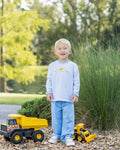 Fuel your little builder’s imagination with the Construction Trucks Pant Set by Trotter Street Kids. The cozy light blue striped top, decorated with lively construction truck appliqués, pairs perfectly with blue pants—ideal for adventurous toddlers ready to explore autumn days in style and comfort!