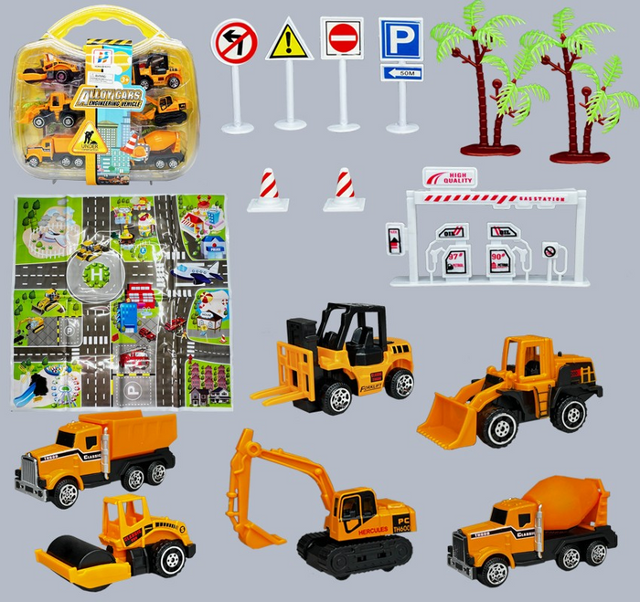 15pc Construction Vehicle Playset. Includes Carry Case, 6 allow dicast Construction vehicles. playmat, 4 street signs, 2 street cones, 1 gas station, 2 trees. Great for on the go fun or to keep at Grandma's house!