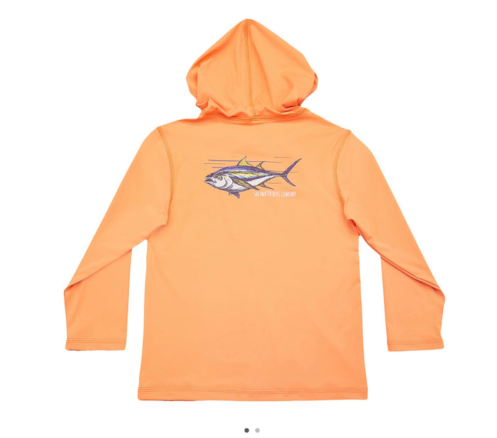 Unleash your child's adventurous spirit with the Coral Tuna Performance Hoodie by Salt Water Boys! This vibrant, coral-colored hoodie, adorned with a playful fish design, is perfect for spring and summer escapades. Designed for toddlers to tweens, it combines style and comfort, making every outdoor activity a joyful experience!