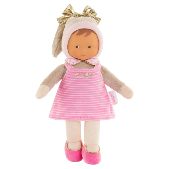 The essential soft baby doll for the very young and perfect to go everywhere baby does, Miss Striped Starry Dreams is the small doll that will never be left behind.&nbsp;
She's perfectly sized (9.8" tall) for tiny hands to grasp and hold by her stocking cap, hat, arms, legs, even her dress and is made of ultra-soft fabric that makes her very cuddly.
Her sweet, realistic vinyl face charms and comforts baby and is delicately scented with vanilla, a Corolle signature. Machine washable, delicate cycle. Ages 0+.