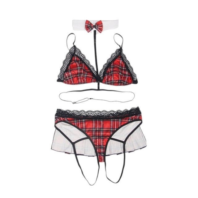 Costum erotic școlăriță SUBBLIME Sexy University Costume, cu sutien, chilot sexy și ham cu papion, mărime S/M