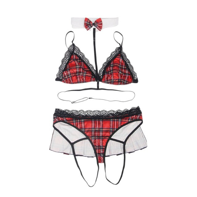 Costum erotic școlăriță SUBBLIME Sexy University Costume, cu sutien, chilot sexy și ham cu papion, mărime L/XL