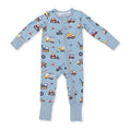 Angel Dear’s Crayon Construction Convertible Romper features a teal blue design with detailed construction truck prints. Designed for newborn boys, its convertible feet ensure adaptable comfort and ease of dressing, making it a practical and thoughtful gift option.
