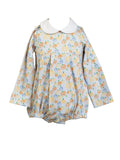 Celebrate every cozy moment this fall with the Crimson Harvest Boy Bubble by The Proper Peony. Its soft long sleeves and charming blue pumpkin print wrap your little one in warmth and sweetness, while the crisp white Peter Pan collar adds timeless charm to every pumpkin patch adventure!