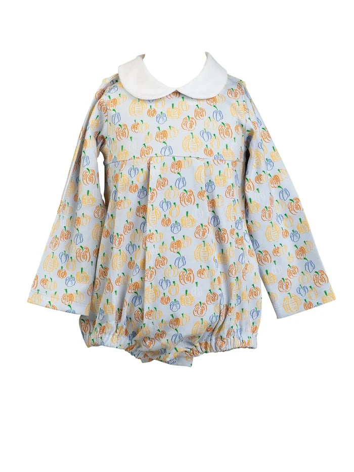 Celebrate every cozy moment this fall with the Crimson Harvest Boy Bubble by The Proper Peony. Its soft long sleeves and charming blue pumpkin print wrap your little one in warmth and sweetness, while the crisp white Peter Pan collar adds timeless charm to every pumpkin patch adventure!