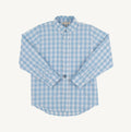 Introducing the Dean's List Dress Shirt in Barrington Blue Check by The Beaufort Bonnet Company. This classic dress shirt features a timeless blue and white check pattern, perfect for casual wear or special occasions. Keep your little gentleman looking sharp and stylish with this must-have wardrobe staple by TBBC!