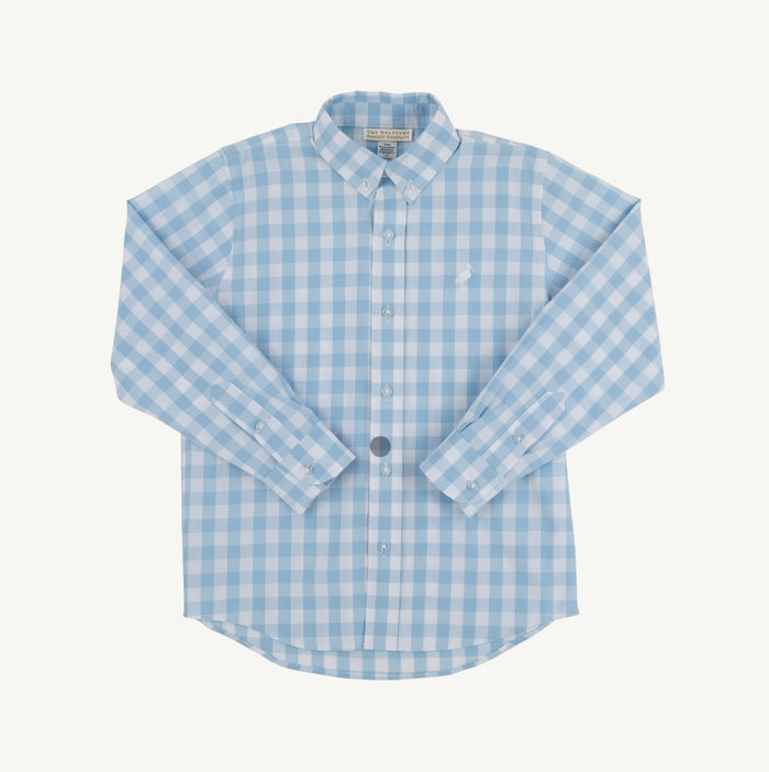 Introducing the Dean's List Dress Shirt in Barrington Blue Check by The Beaufort Bonnet Company. This classic dress shirt features a timeless blue and white check pattern, perfect for casual wear or special occasions. Keep your little gentleman looking sharp and stylish with this must-have wardrobe staple by TBBC!
