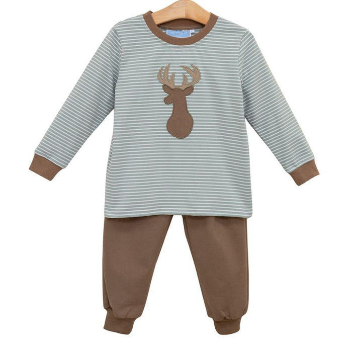 Dress your little explorer in the Deer Pant Set by Trotter Street Kids—a cozy striped tee with an adorable deer appliqué, matched with warm brown pants. Perfect for crisp autumn days, it brings comfort and charm to every outdoor adventure!