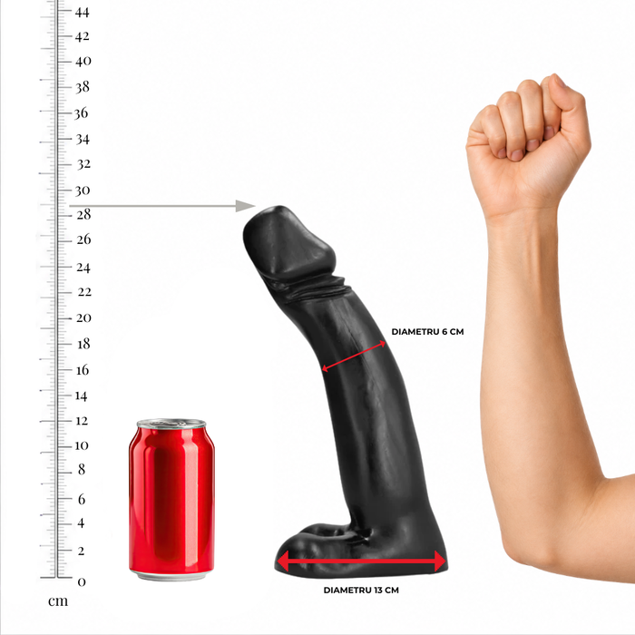 Dildo All Black - Realistic, pentru penetrare tip fisting, negru, 29 cm